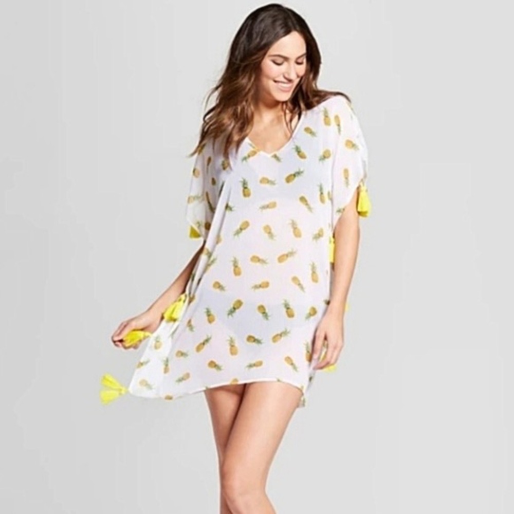 Xhilaration Pineapple Swim Coverup With Pom Poms Size Large